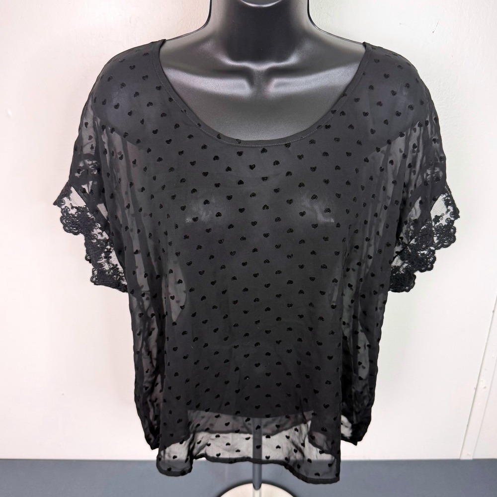 Soul Cake Blouse Womens Large Black JB460 Heart Flocked Sheer Lace Trim Mesh Top